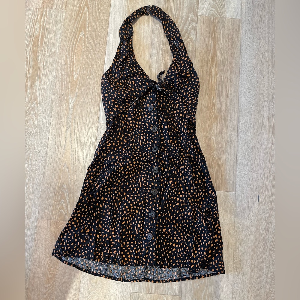 Black and Orange Tie Front Halter Dress